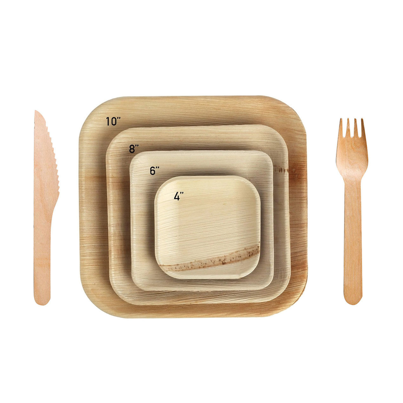 10" Disposable Square Areca Palm Leaf Plates With Fork Knife